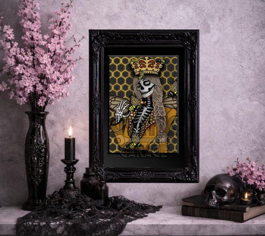 Queen Bee Skeleton Art Print – Honeycomb Gothic Wall Decor, 8×6 or 11×14 Matted Decor