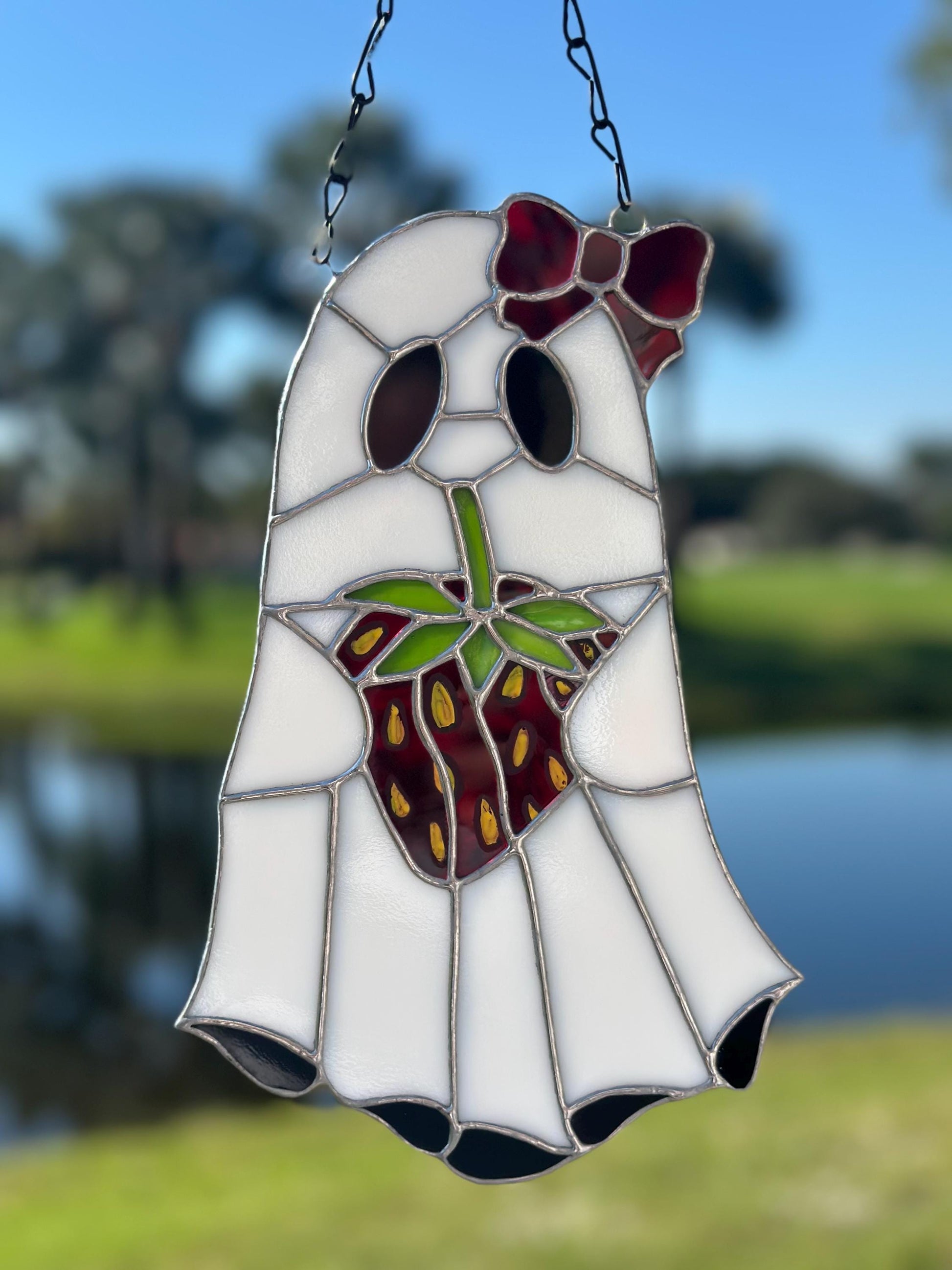 Strawberry Ghost Stained Glass Suncatcher – Gothic Cute Window Hanging Decor
