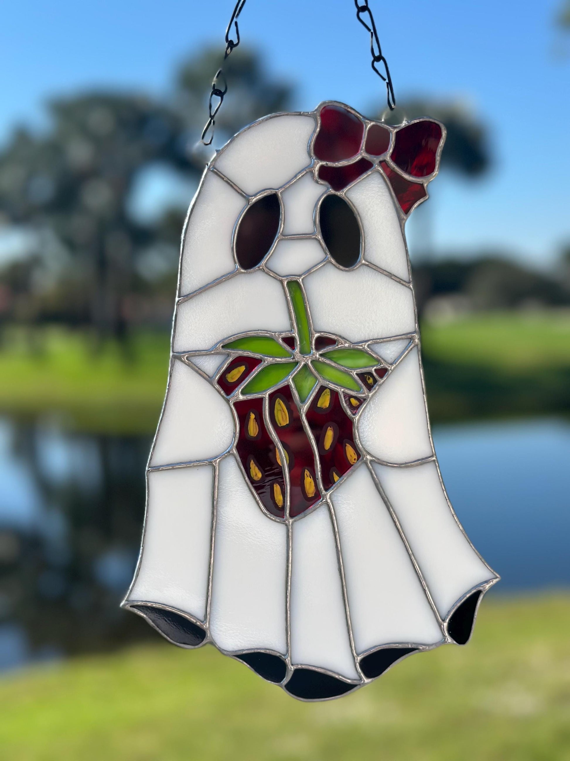 Strawberry Ghost Stained Glass Suncatcher – Gothic Cute Window Hanging Decor