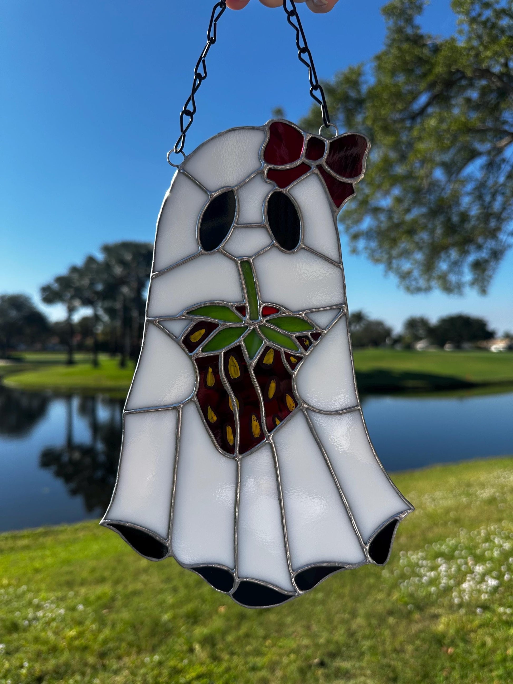 Strawberry Ghost Stained Glass Suncatcher – Gothic Cute Window Hanging Decor