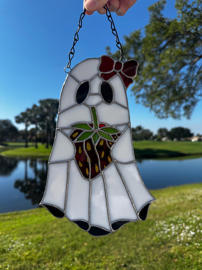 Strawberry Ghost Stained Glass Suncatcher – Gothic Cute Window Hanging Decor