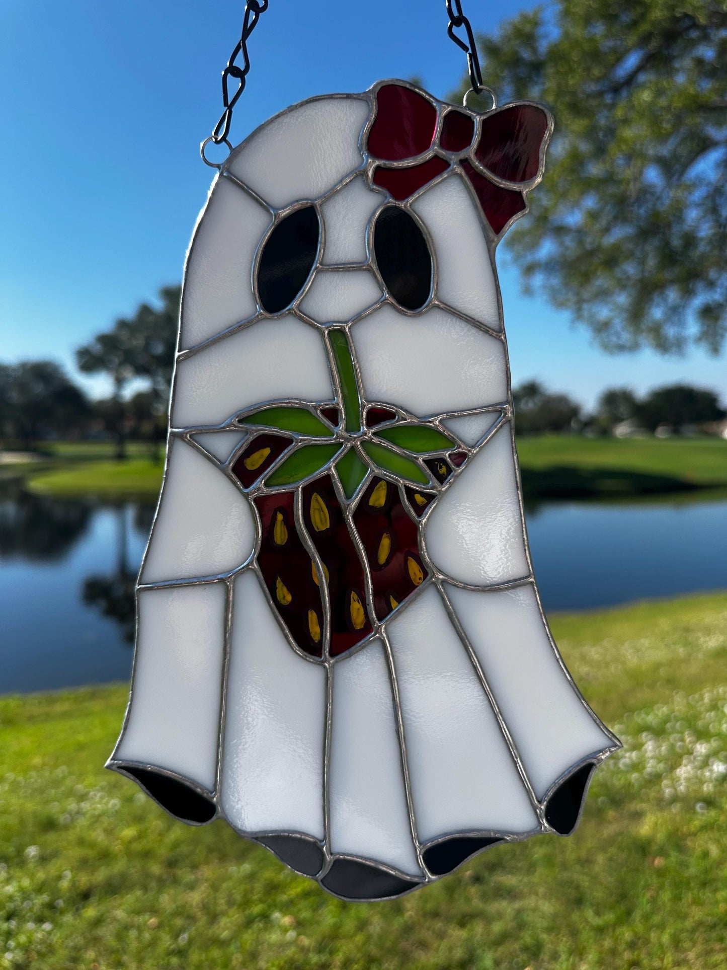 Strawberry Ghost Stained Glass Suncatcher – Gothic Cute Window Hanging Decor