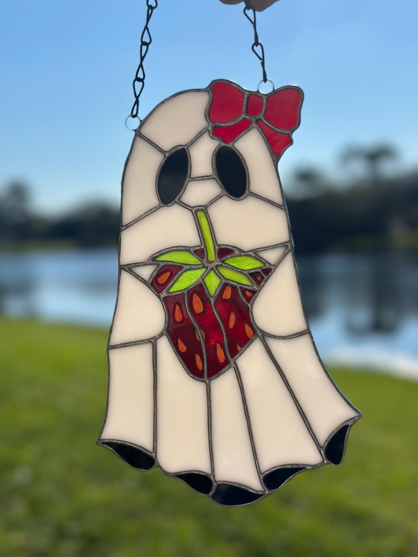 Strawberry Ghost Stained Glass Suncatcher – Gothic Cute Window Hanging Decor