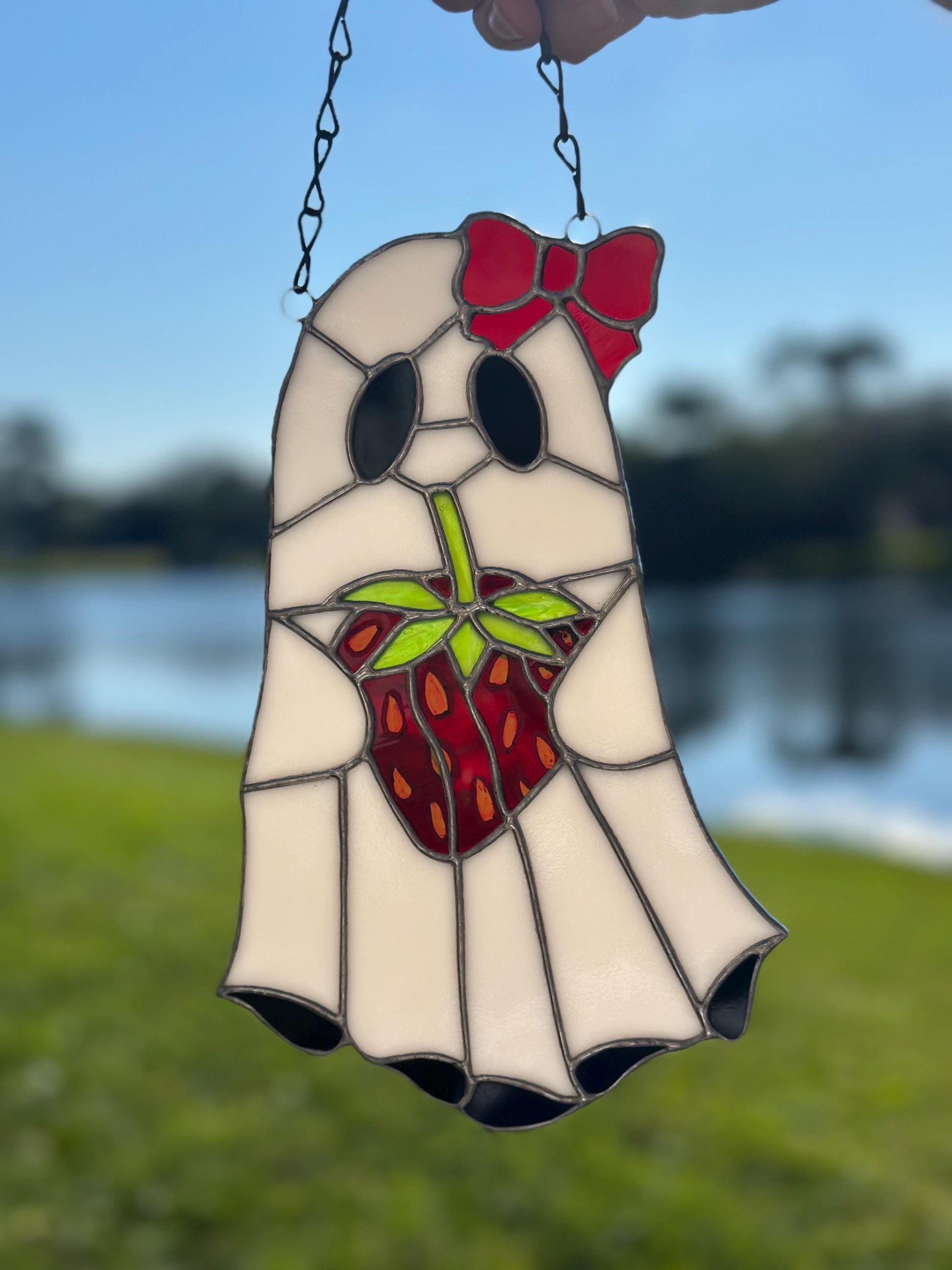 Strawberry Ghost Stained Glass Suncatcher – Gothic Cute Window Hanging Decor