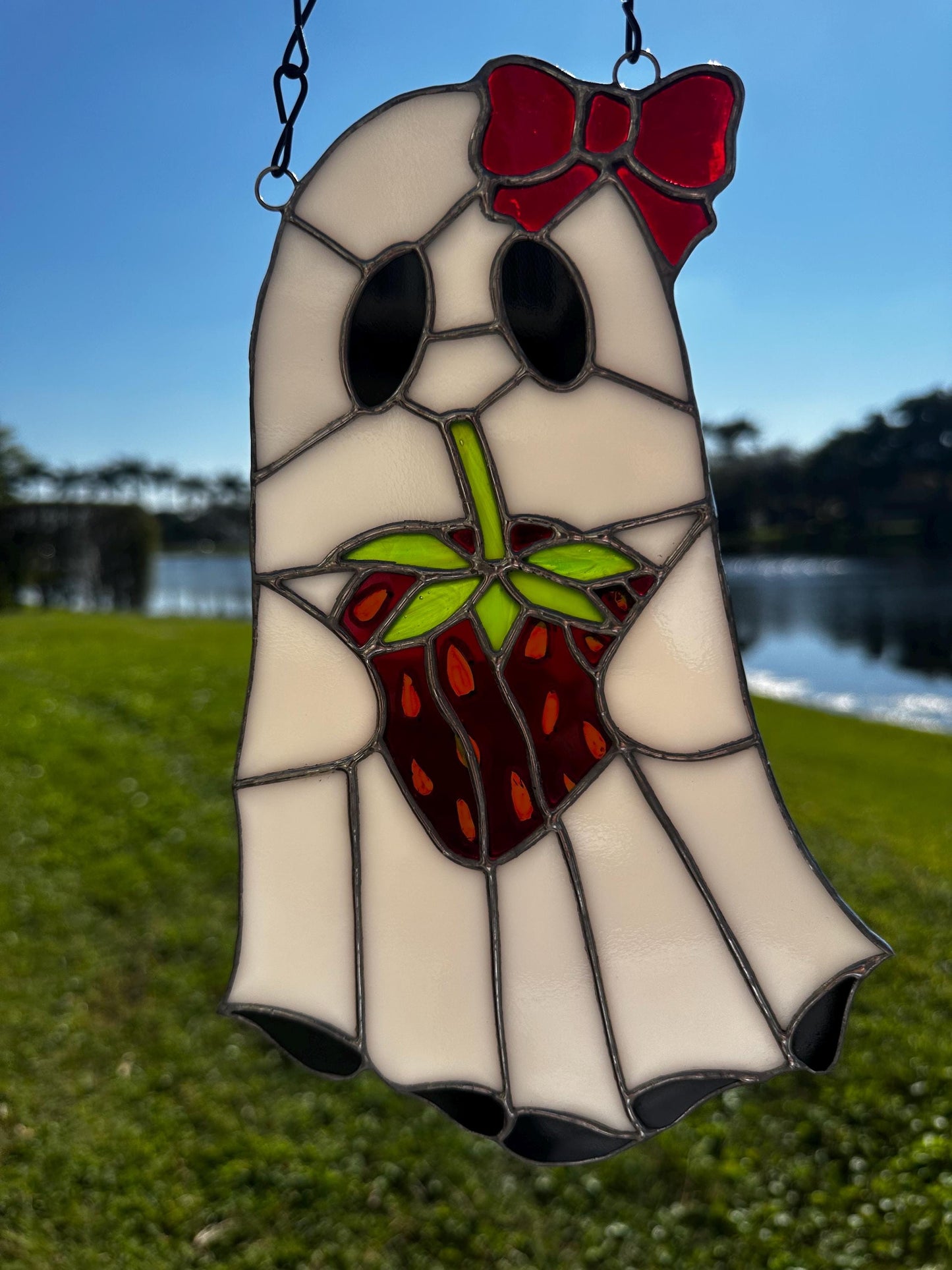 Strawberry Ghost Stained Glass Suncatcher – Gothic Cute Window Hanging Decor