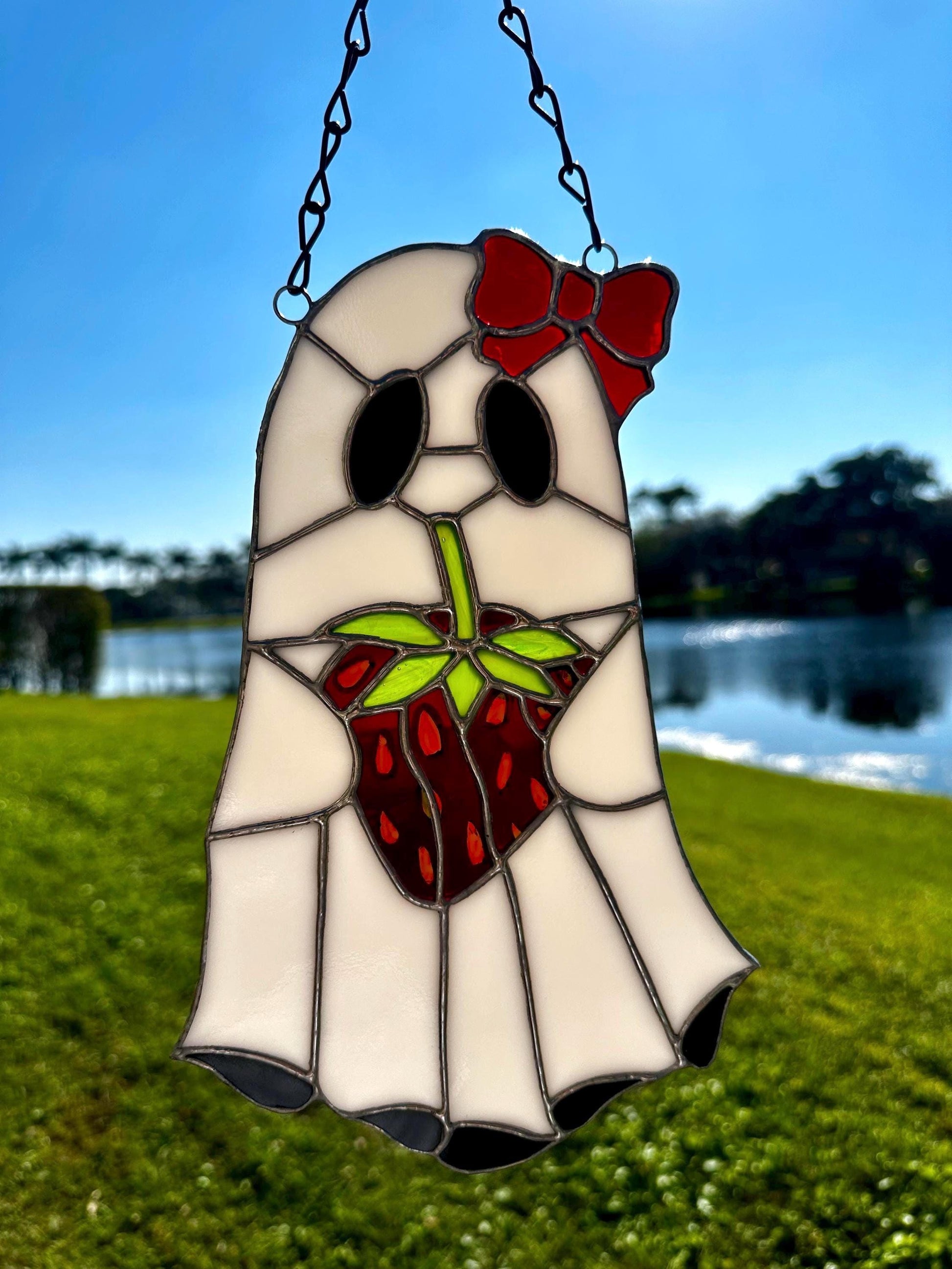 Strawberry Ghost Stained Glass Suncatcher – Gothic Cute Window Hanging Decor
