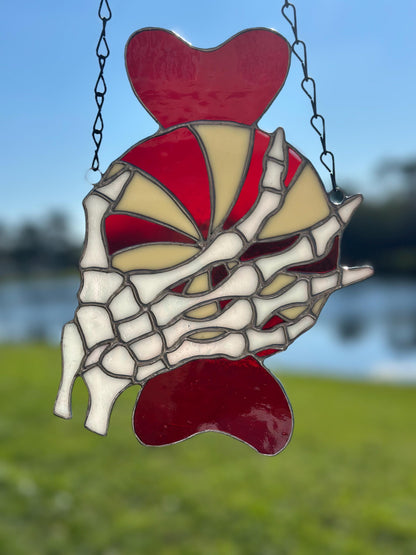 Gothic Stained Glass Candy Cane with Skeleton Hands – Dark Holiday Suncatcher Art