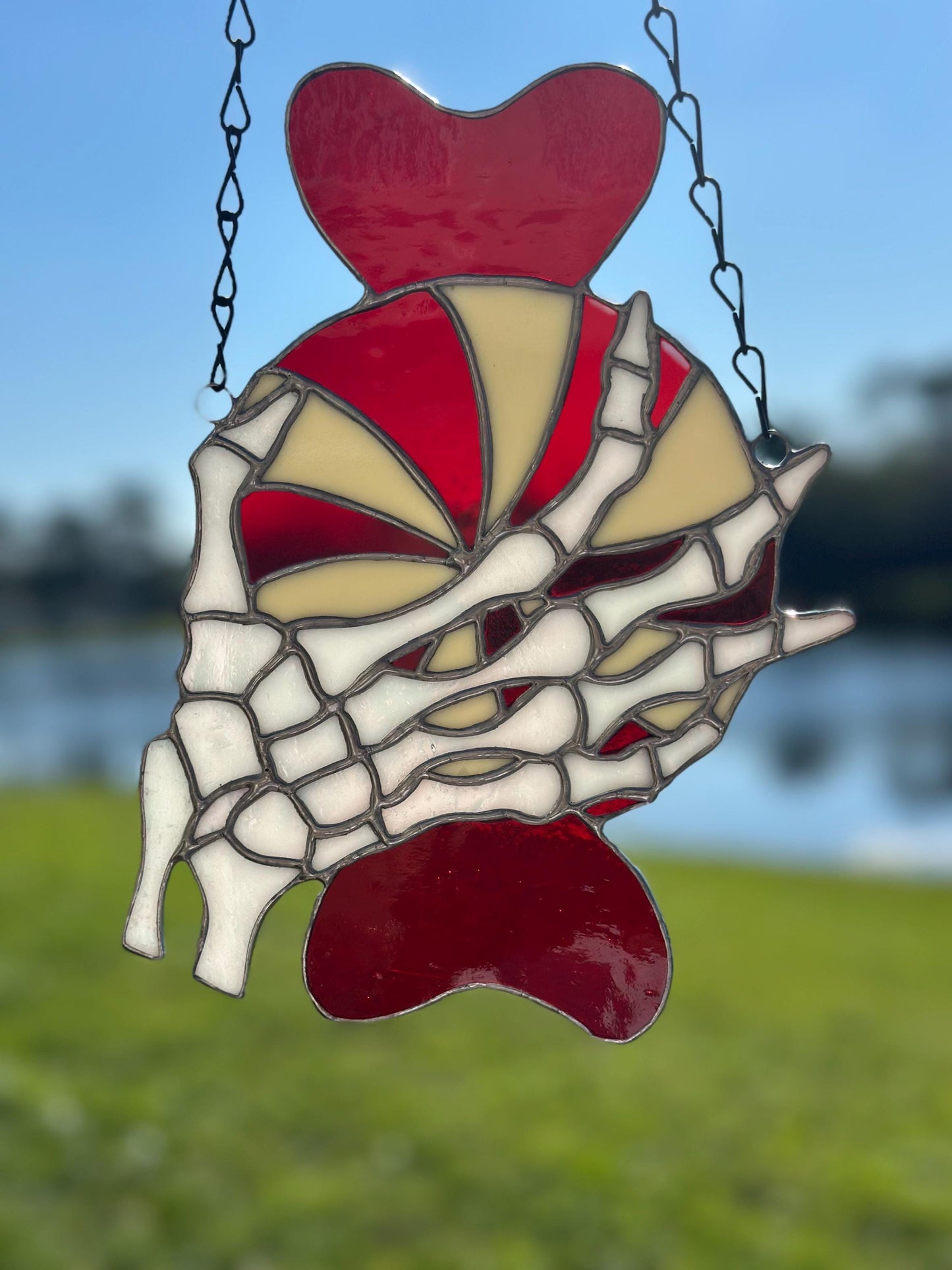 Gothic Stained Glass Candy Cane with Skeleton Hands – Dark Holiday Suncatcher Art