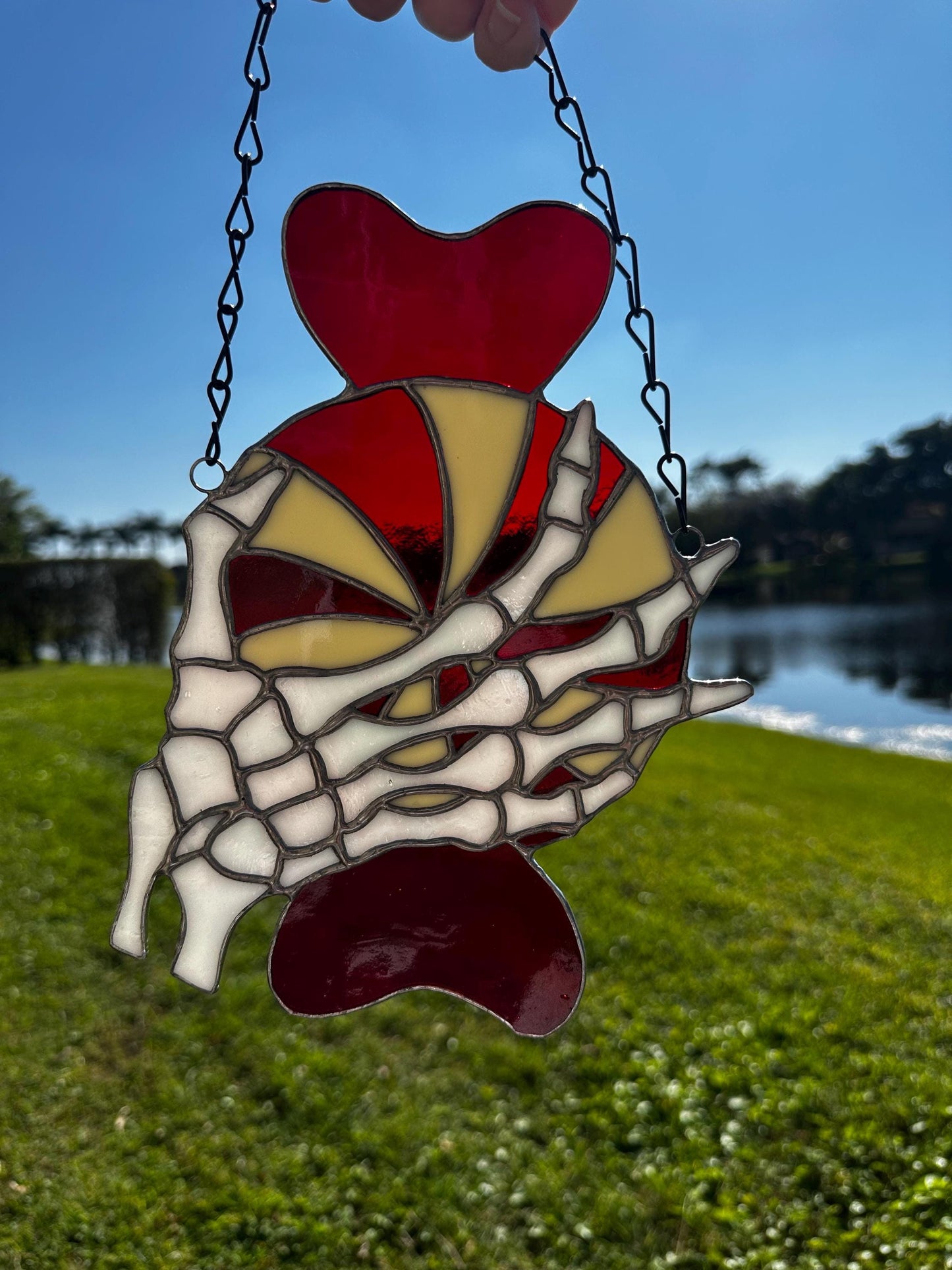 Gothic Stained Glass Candy Cane with Skeleton Hands – Dark Holiday Suncatcher Art