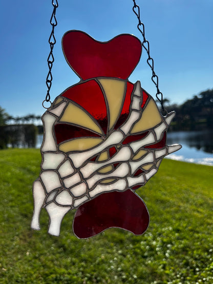 Gothic Stained Glass Candy Cane with Skeleton Hands – Dark Holiday Suncatcher Art