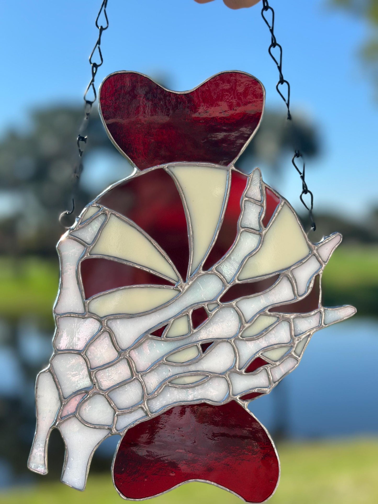 Gothic Stained Glass Candy Cane with Skeleton Hands – Dark Holiday Suncatcher Art