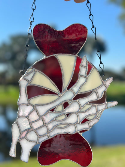 Gothic Stained Glass Candy Cane with Skeleton Hands – Dark Holiday Suncatcher Art