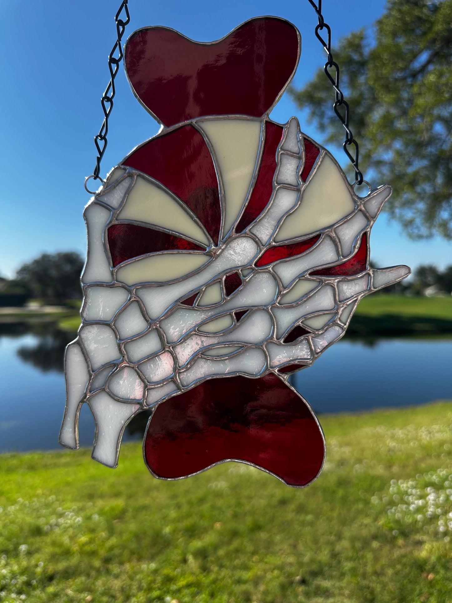 Gothic Stained Glass Candy Cane with Skeleton Hands – Dark Holiday Suncatcher Art