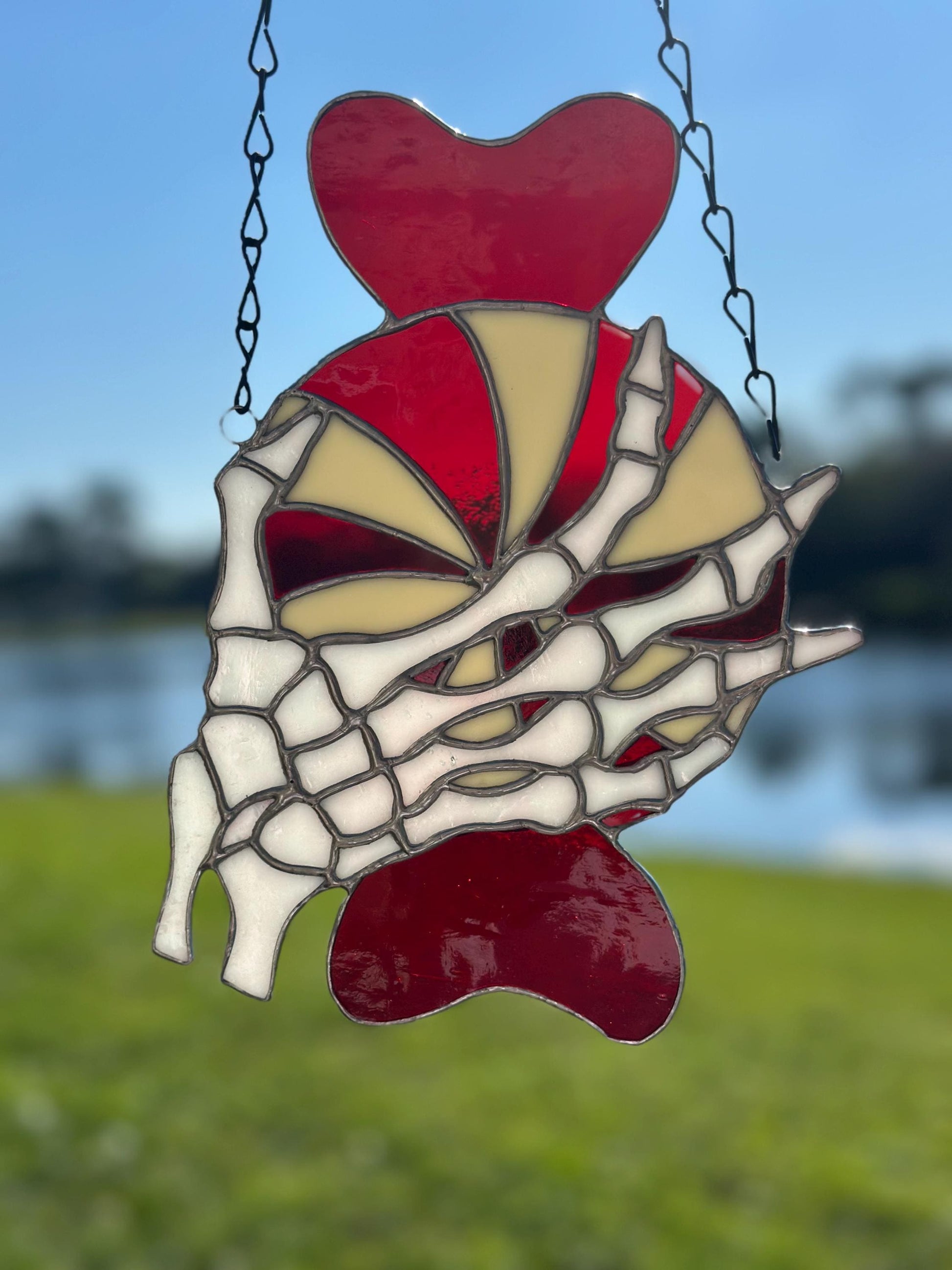 Gothic Stained Glass Candy Cane with Skeleton Hands – Dark Holiday Suncatcher Art