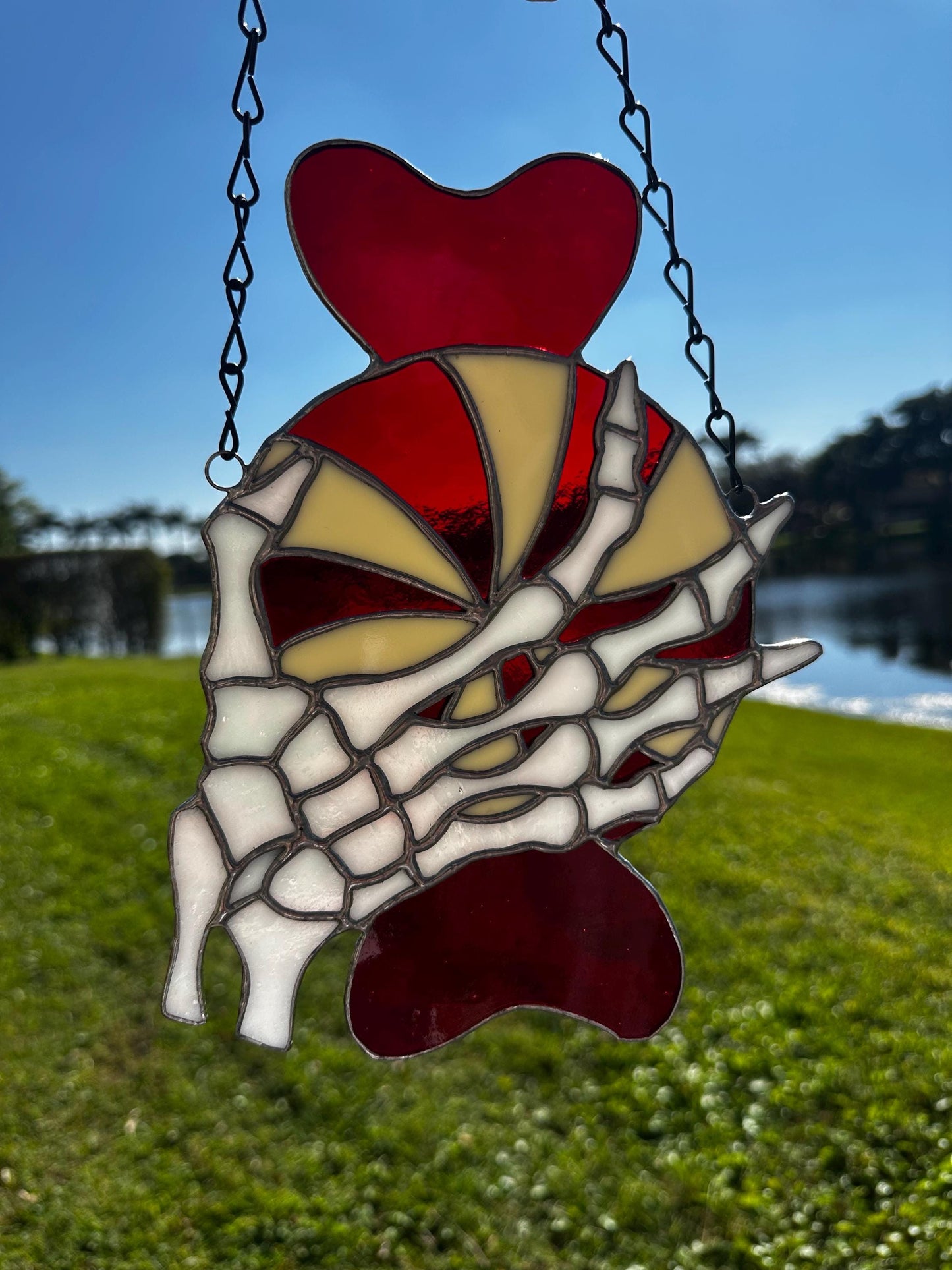 Gothic Stained Glass Candy Cane with Skeleton Hands – Dark Holiday Suncatcher Art