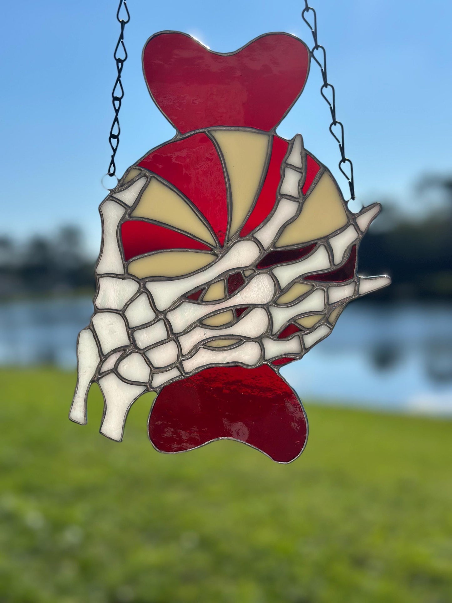Gothic Stained Glass Candy Cane with Skeleton Hands – Dark Holiday Suncatcher Art