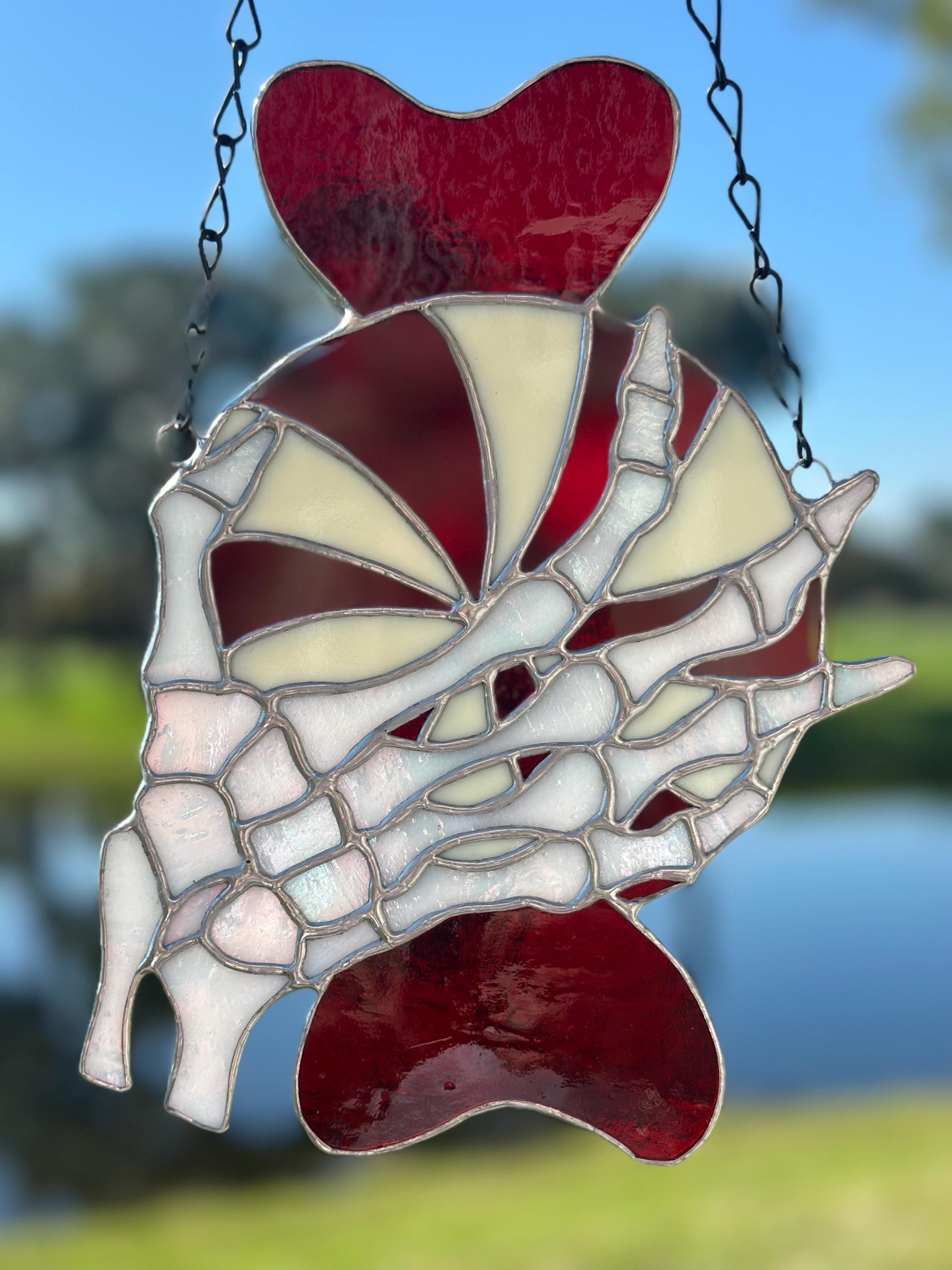 Gothic Stained Glass Candy Cane with Skeleton Hands – Dark Holiday Suncatcher Art
