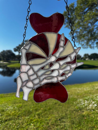 Gothic Stained Glass Candy Cane with Skeleton Hands – Dark Holiday Suncatcher Art