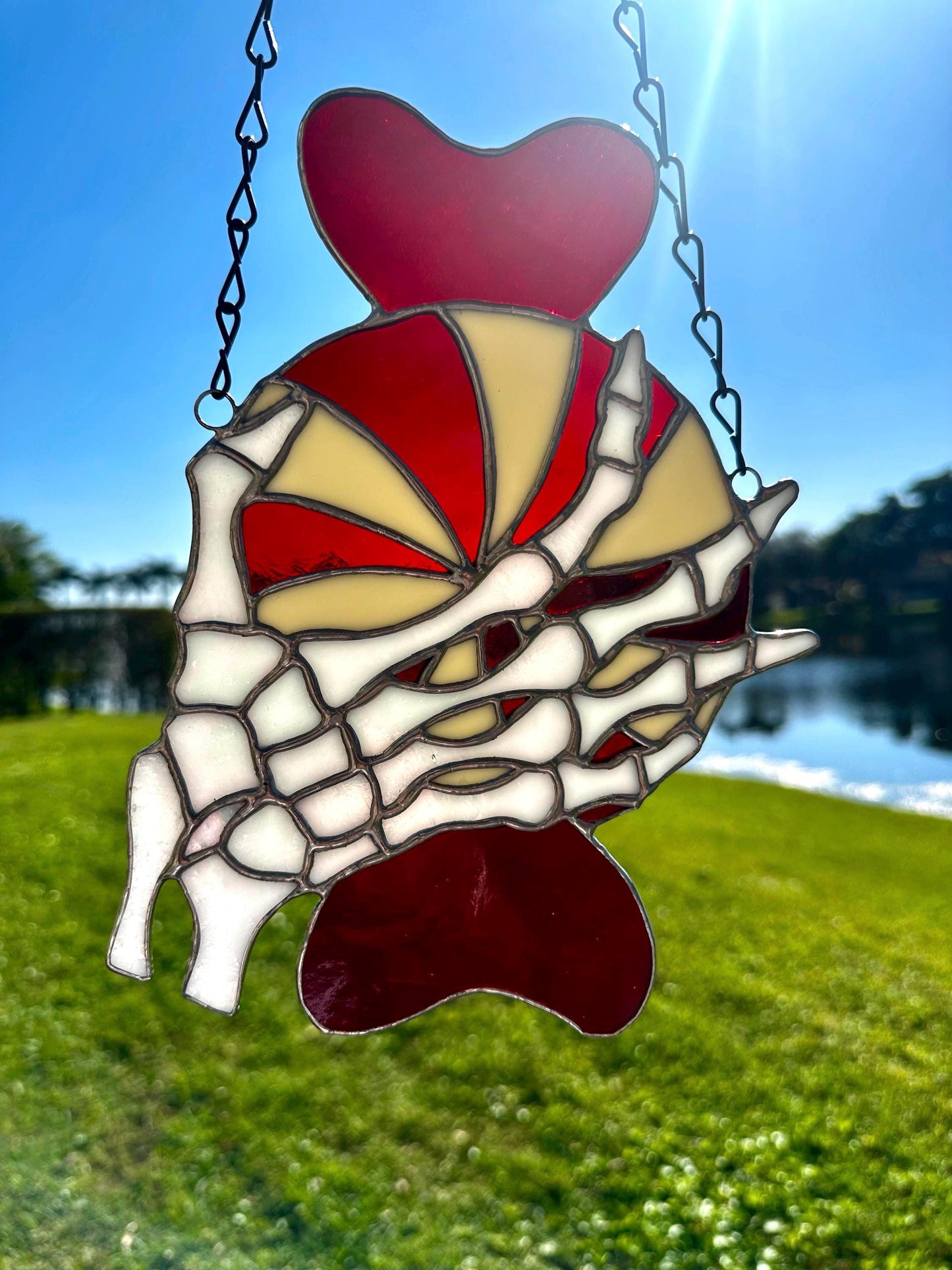 Gothic Stained Glass Candy Cane with Skeleton Hands – Dark Holiday Suncatcher Art