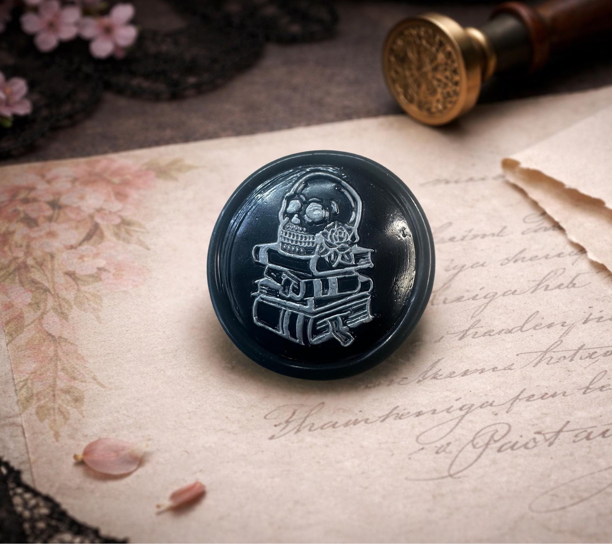 Gothic Skull & Books Wax Seal – Black Adhesive Seal for Wedding Invites, Letters and Journals