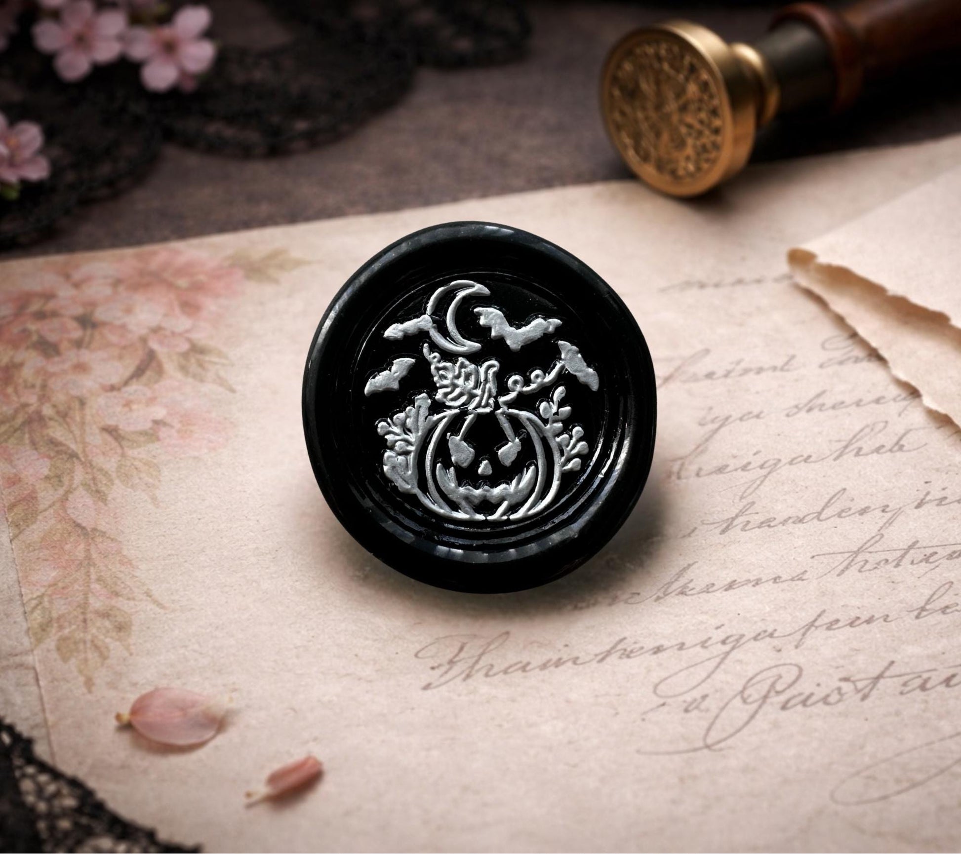 Pumpkin & Moon Wax Seal – Gothic Fall Soy Wax Sticker for Envelopes, Journals and Witchy Gifts