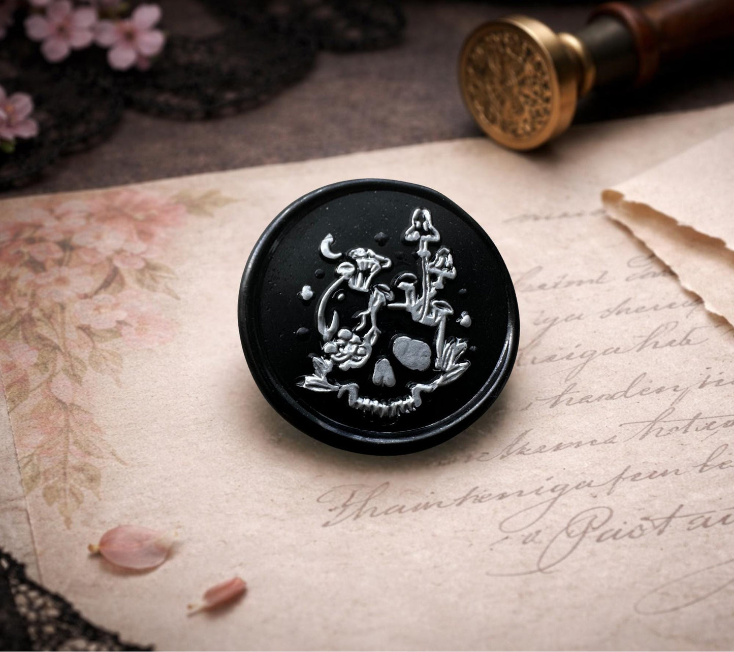 Skull & Mushrooms Wax Seal – Gothic Soy Wax Sticker for Envelopes, Witchy Journals and Gifts