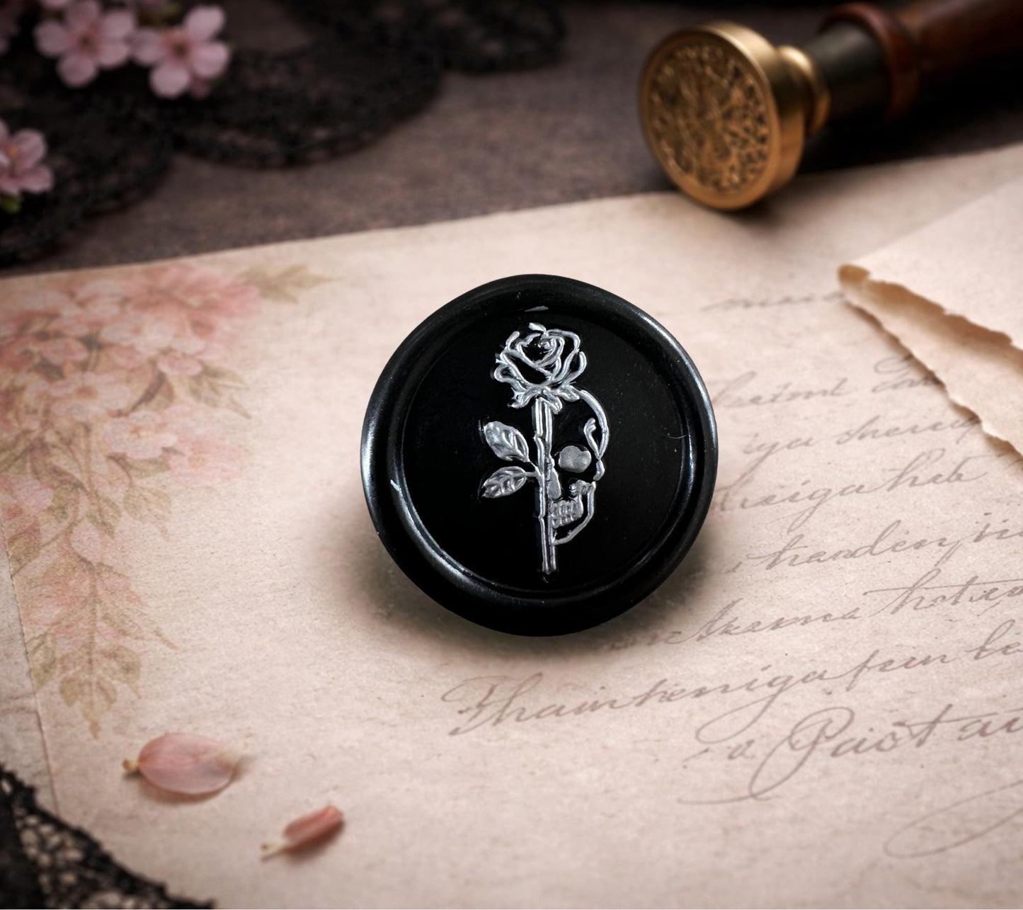 Half Skull Rose Wax Seal – Gothic Soy Wax Sticker for Letters, Journals, Gifts & Stationery