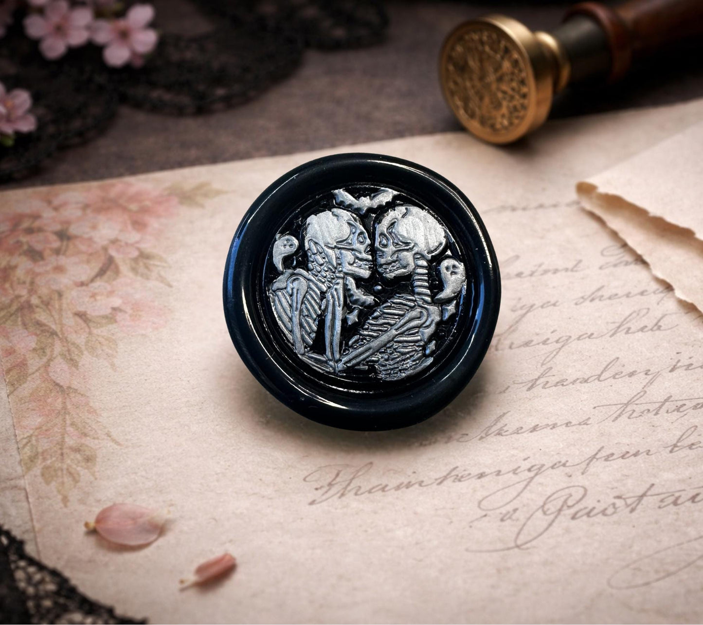 Skeleton Lovers Wax Seal – Gothic Black, Silver or Gold Adhesive Stamp for Letters, Journals & Gifts