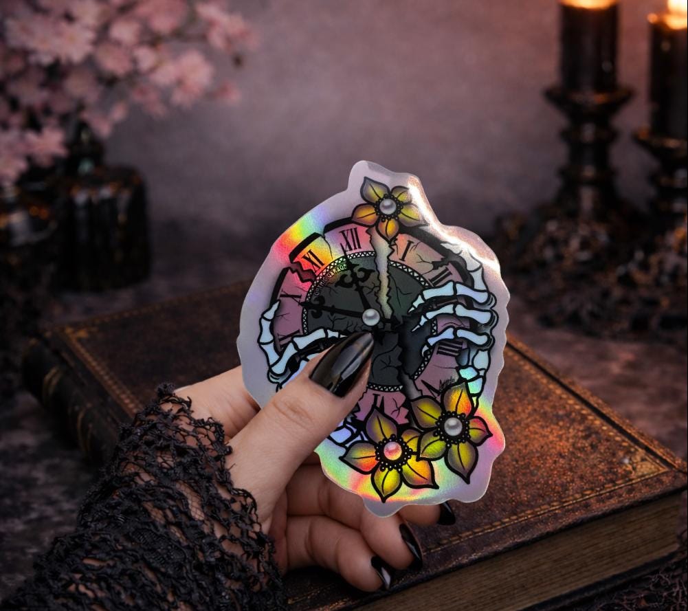 Broken Skeleton Clock Die Cut Waterproof Sticker—Timeless beauty with a gothic twist!