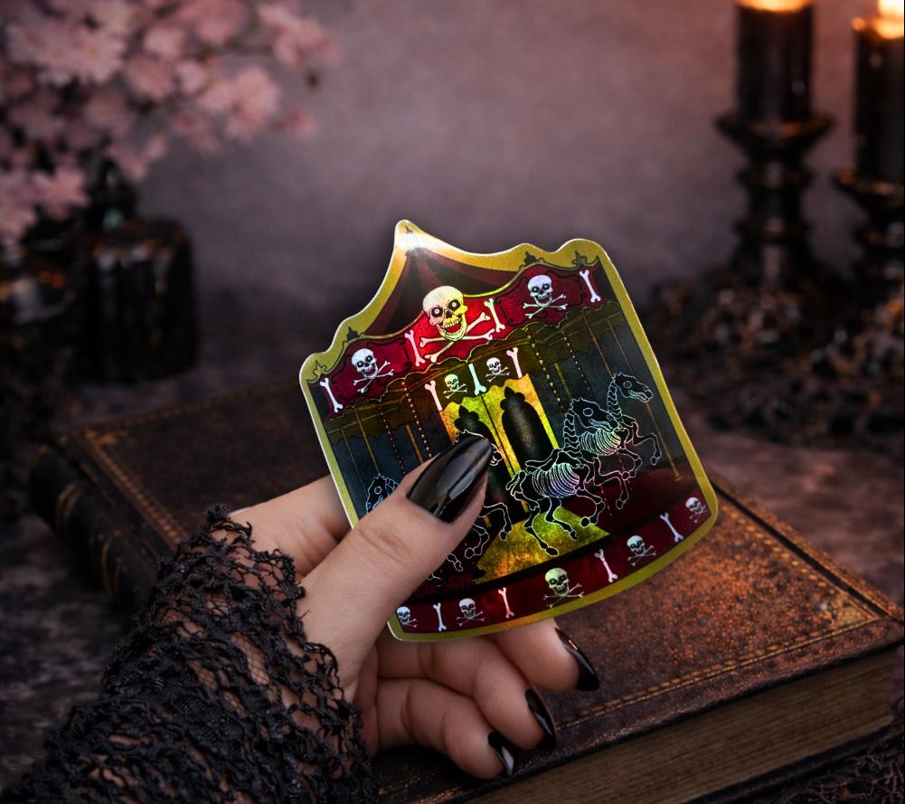 Creepy Carousel Sticker – Gothic Skeleton Horse Waterproof Vinyl Decal for Laptops, Water Bottles & Journals