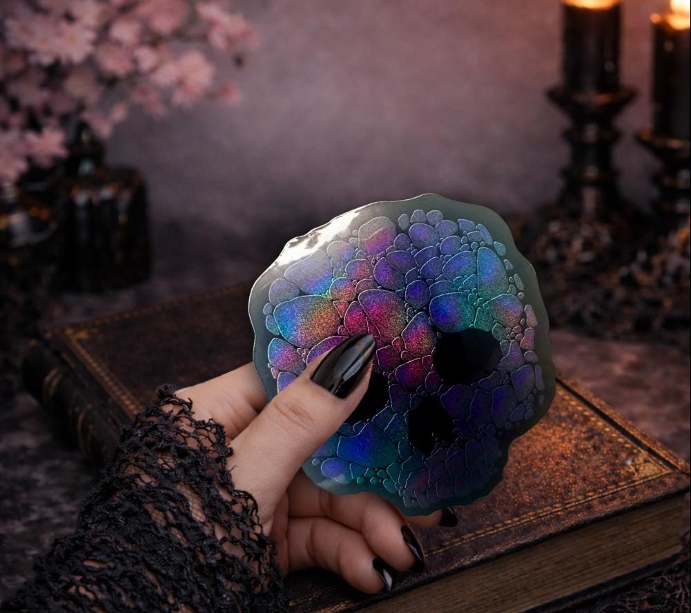 Holographic Rainbow Skull Sticker – Waterproof Gothic Skull Decal for Laptops, Tumblers & Journals