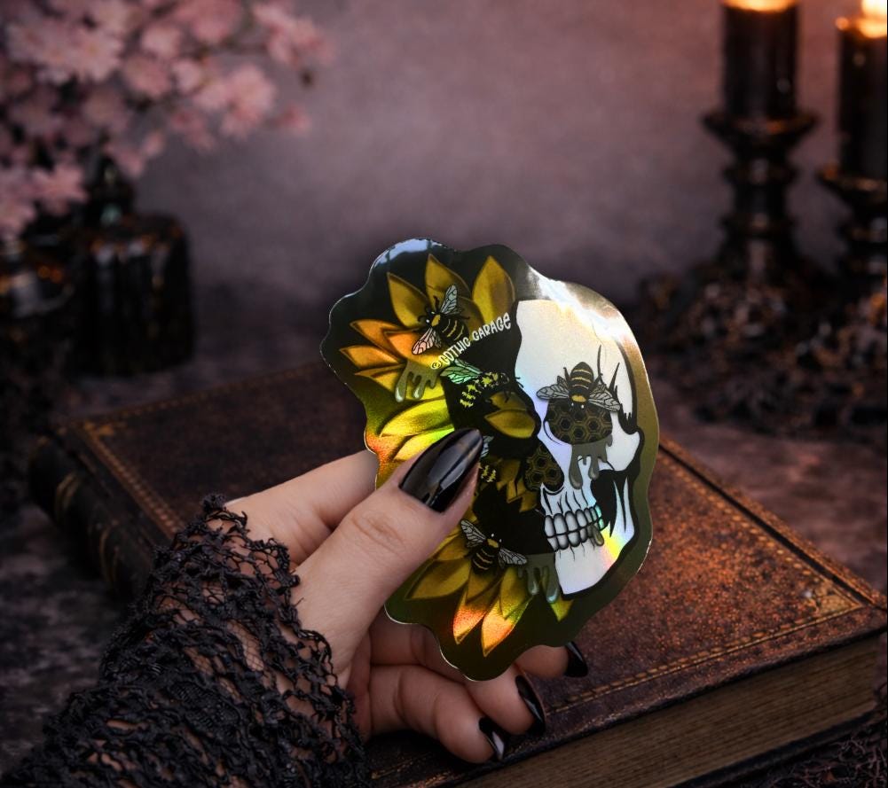 Honey Bee & Sunflower Skull Sticker – Gothic Waterproof Vinyl Decal for Laptops, Tumblers and More