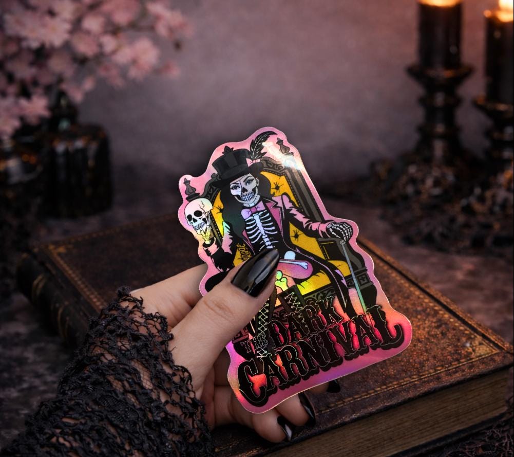 Skeleton Ringmaster Waterproof Sticker – Dark Carnival Holographic Decal for Laptops, Tumblers & Journals