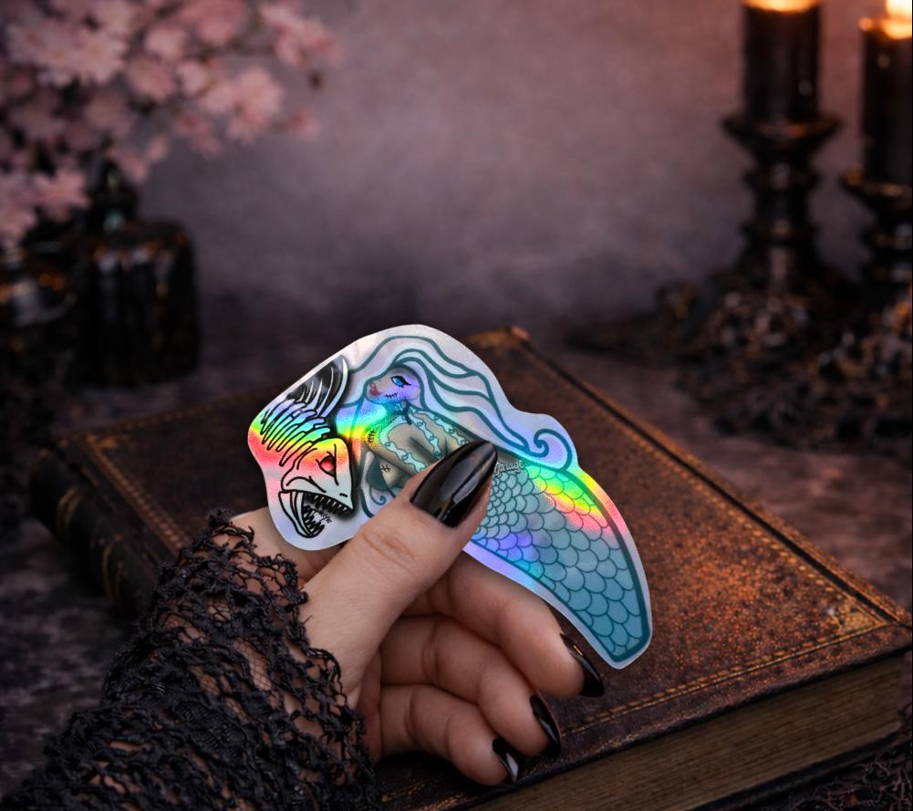 Undead Piranha Mermaid Sticker: Gothic Waterproof Die Cut