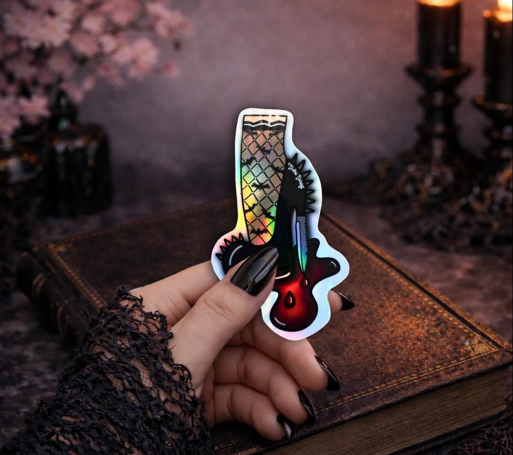 Gothic Punk Heel Sticker: Knife Blade, Fishnet Leg - Waterproof Die Cut