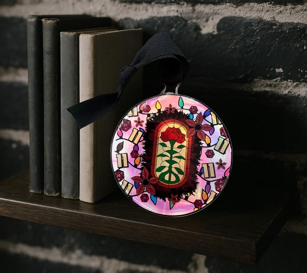 Upside Down Stained Glass Ornament, Gothic Horror Decor, Holographic Acrylic Hanging Art