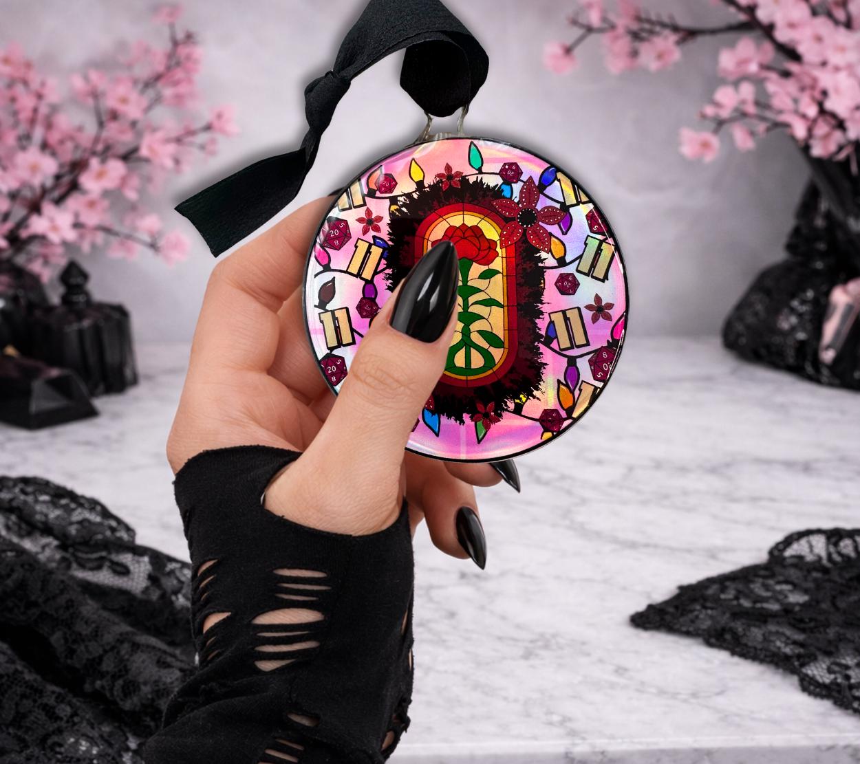 Upside Down Stained Glass Ornament, Gothic Horror Decor, Holographic Acrylic Hanging Art