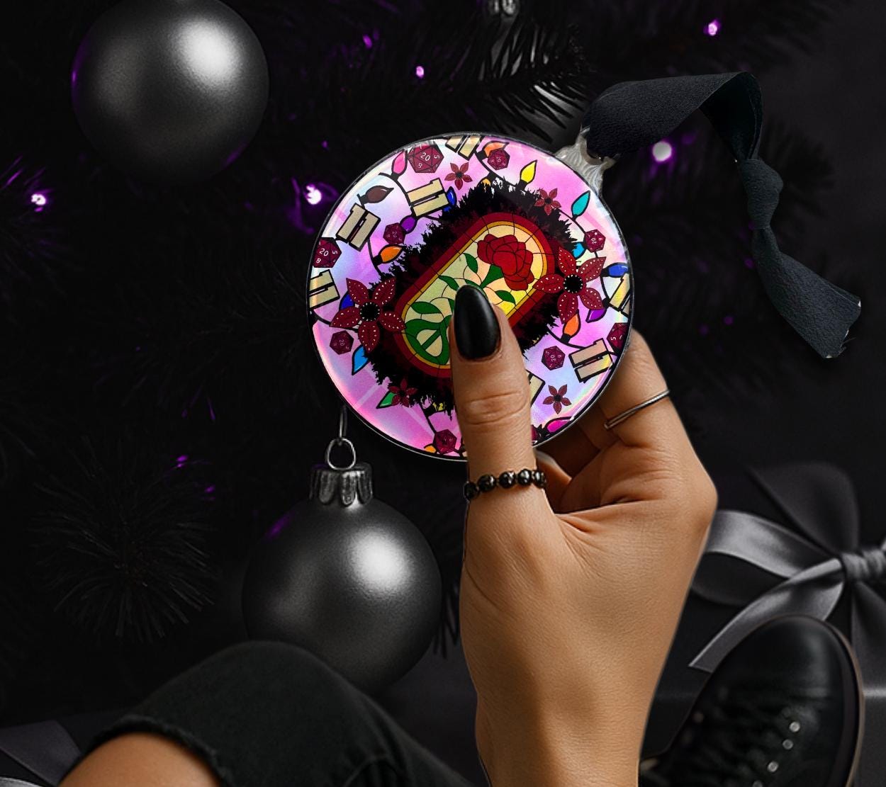 Upside Down Stained Glass Ornament, Gothic Horror Decor, Holographic Acrylic Hanging Art