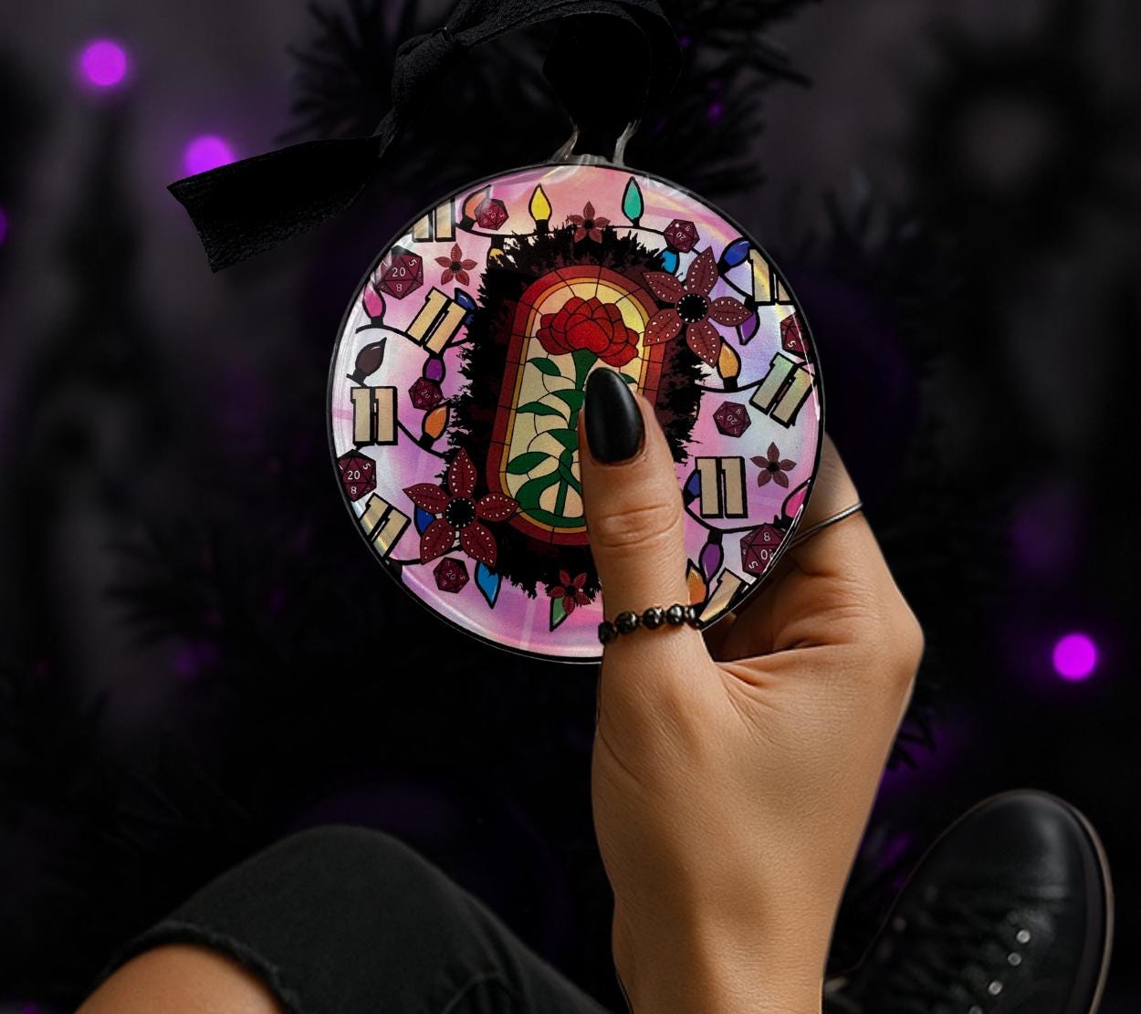 Upside Down Stained Glass Ornament, Gothic Horror Decor, Holographic Acrylic Hanging Art