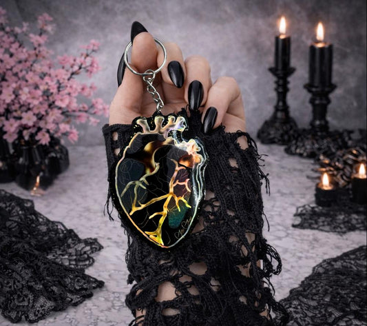 Anatomical Heart Keychain – Gothic Glitter Black & Gold Acrylic Keychain for Alternative Gifts