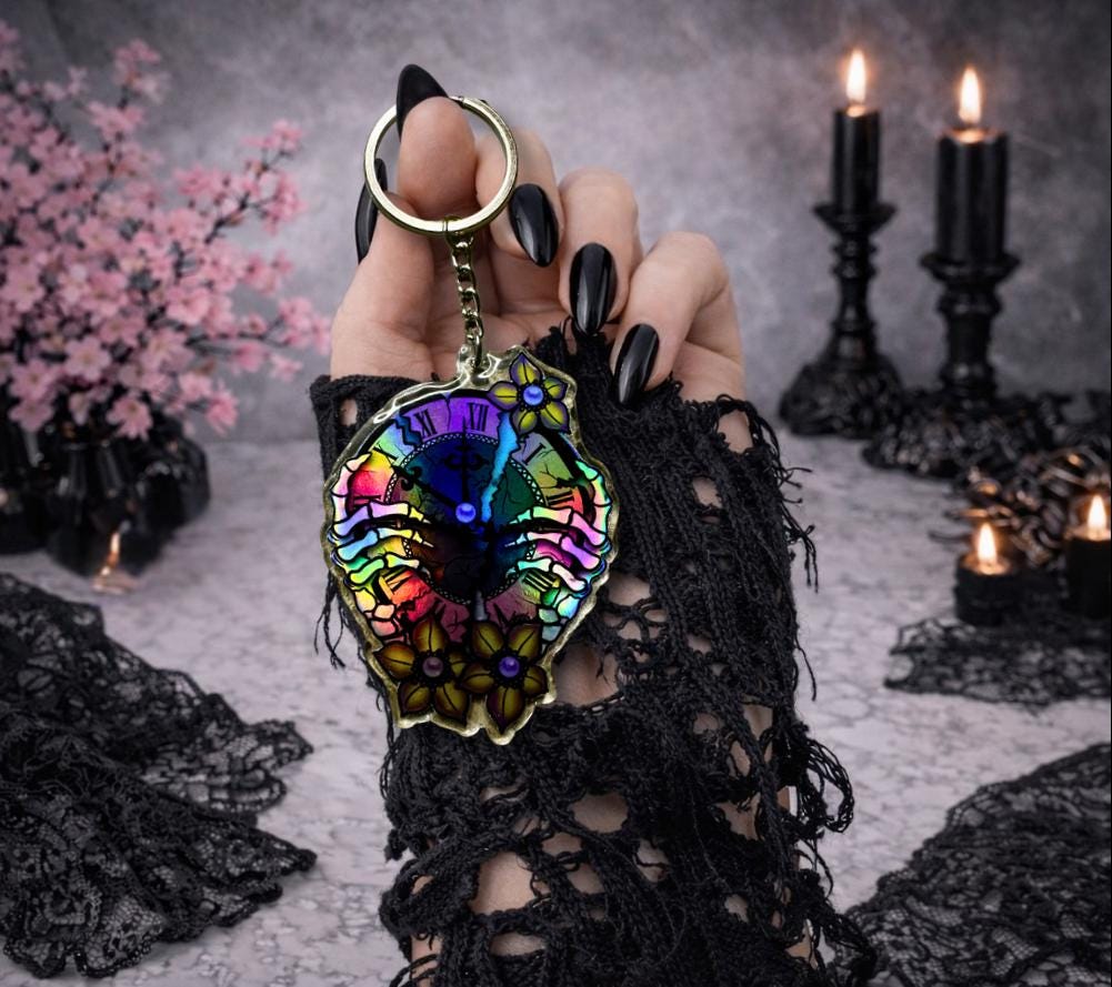Skeleton Clock Keychain – Holographic Resin Key Ring with Gothic Flowers & Skull Hands