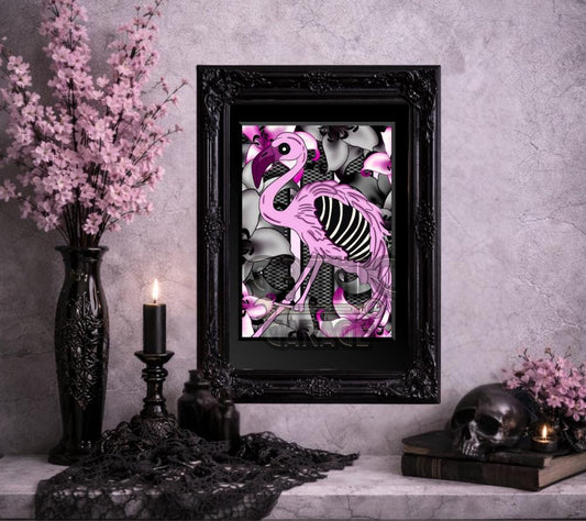 Gothic Flamingo Art Print – Pink Skeleton, Horror-Glam Decor