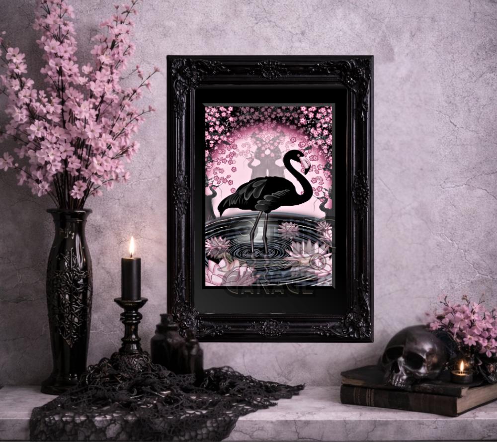 Black Flamingo Art Print – Gothic Cherry Blossom & Lotus Pond Wall Art | Pink and Black Bird Fantasy Artwork for Alternative Home Decor