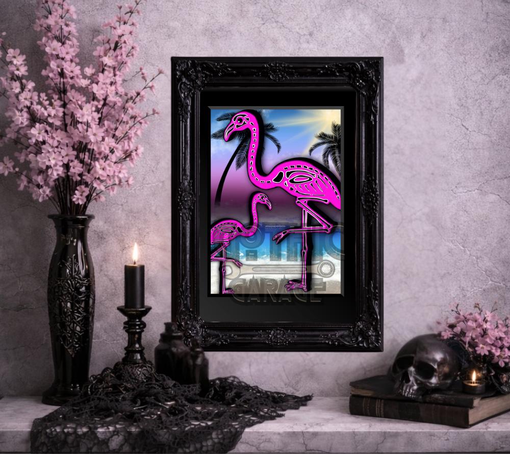 Flamingo Skeletons Art Print – Dark Gothic Birds, Quirky Alt Nature Decor, 8×6 or 11×14 Matted, Signed by Artist