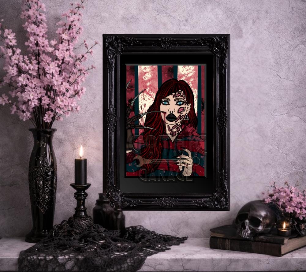 Retro Female Horror Villain Art Print – Gothic Slasher Girl Wall Art, 8x6 or 11x14