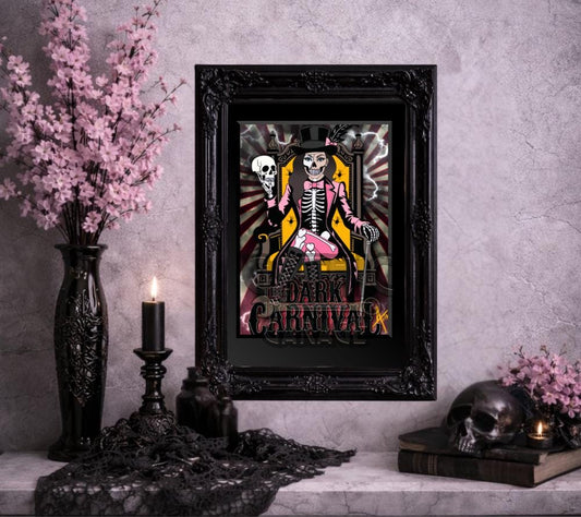 Dark Carnival Gothic Art Print – Skeleton Ringmaster | Spooky Circus Skull Print for Alt Gallery & Gothic Home