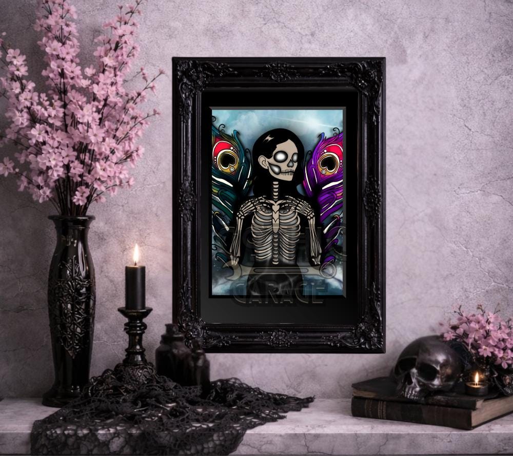 Skeleton Peacock Angel Art Print – Gothic Surreal Decor, 8x6 or 11x14 Matted