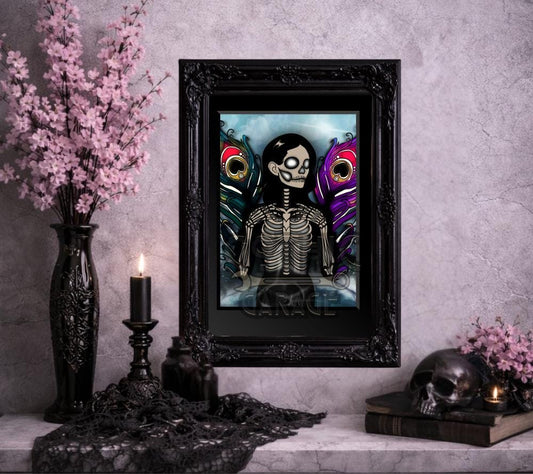 Skeleton Peacock Angel Art Print – Gothic Surreal Decor, 8x6 or 11x14 Matted