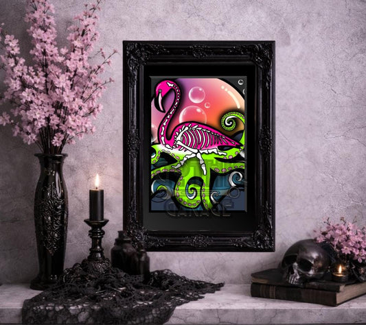 Flamingo Skeleton Octopus Art Print – Neon Gothic Coastal Wall Decor, 8x6 or 11x14