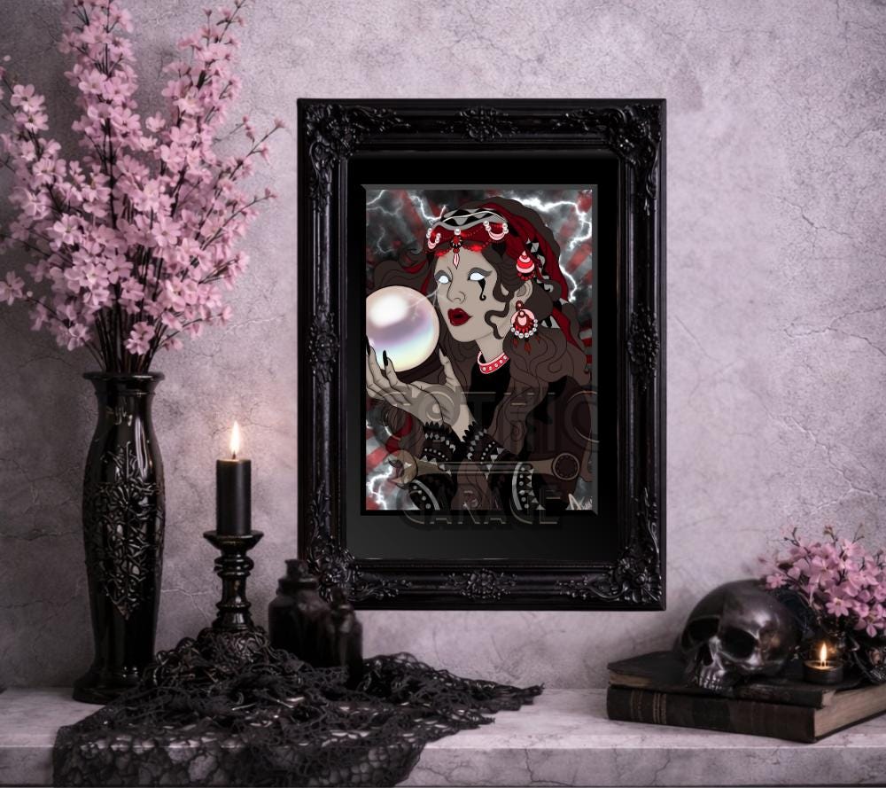 Fortune Teller Gothic Art Print – Mystical Crystal Ball Wall Decor for Alt Homes & Witches